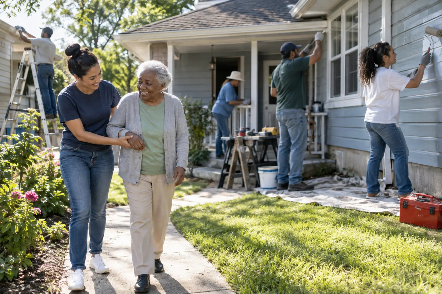 Neighborhood volunteers repairing an elderly resident's home and offering personal support