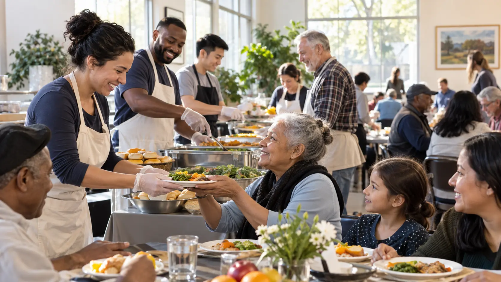 Community volunteers serving nutritious meals to families and senior citizens