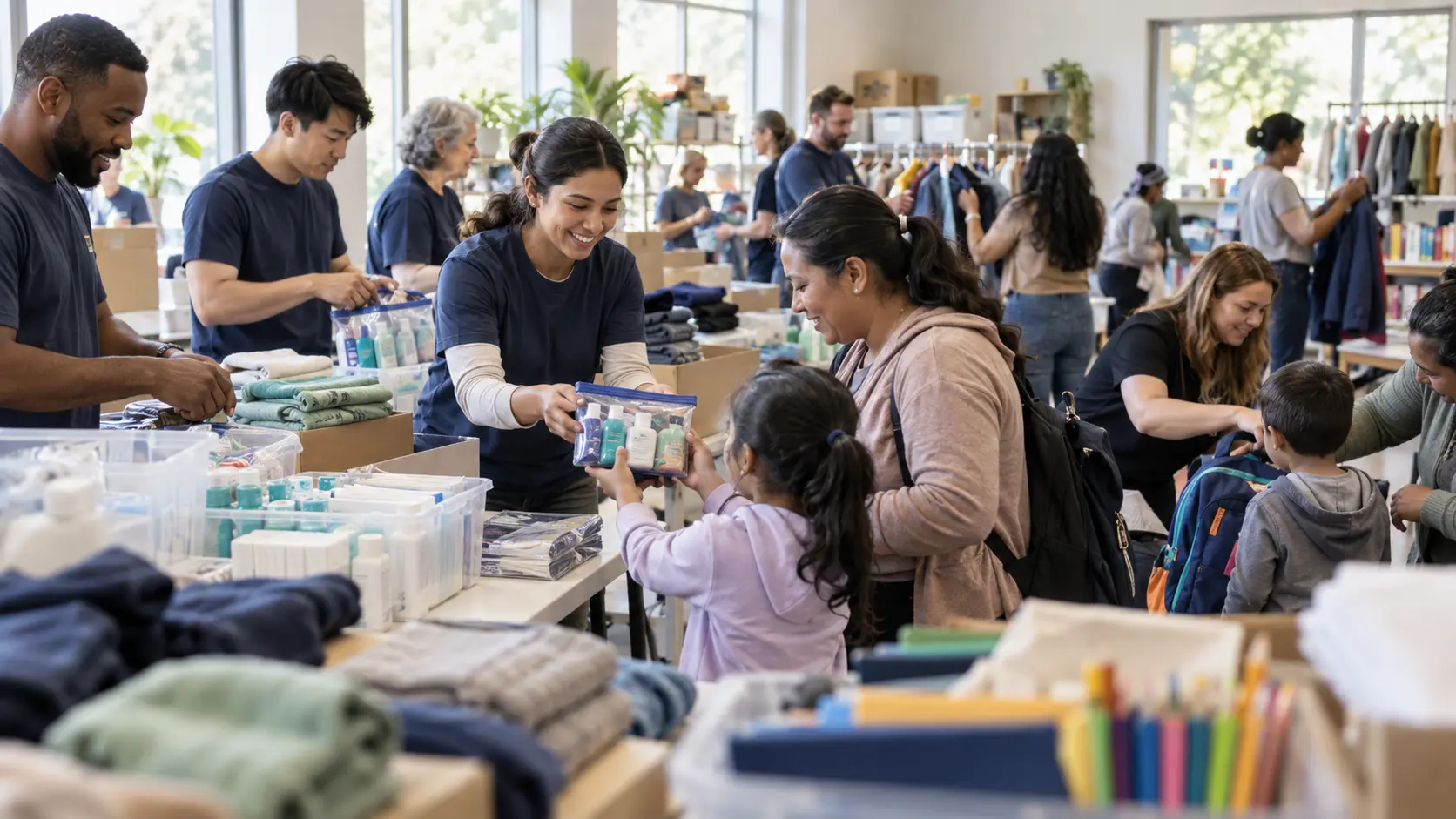 Community volunteers providing clothing, hygiene products and school supplies to families